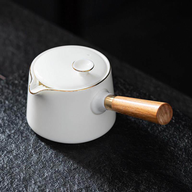 羊脂玉瓷木把侧把壶家用手工白瓷茶壶简约功夫茶具手柄泡茶壶