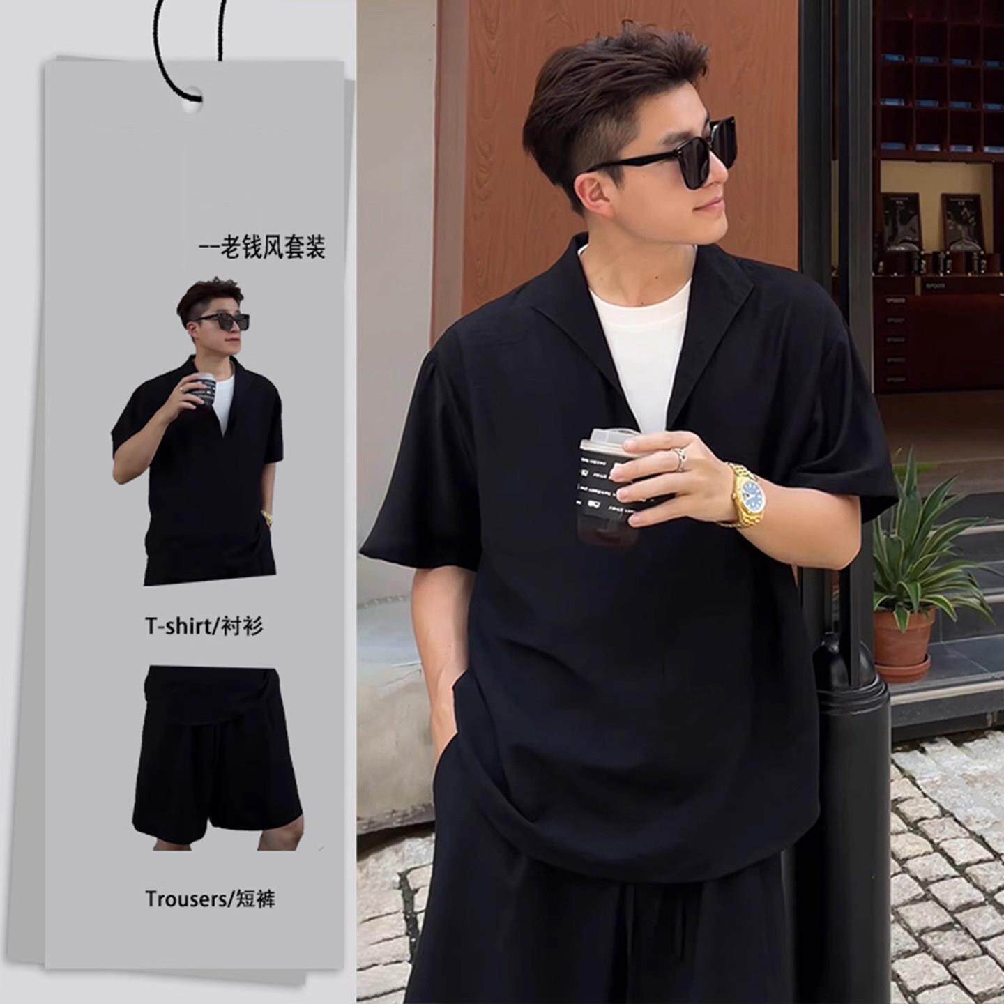韩国Uamtor男士假两件老钱风套装夏秋亚麻短袖衬衫帅气休闲短裤潮