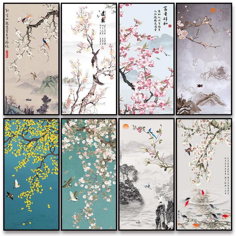 中式花鸟玄关装饰画花开富贵桃花梅花过道走廊老人房挂画自粘贴画