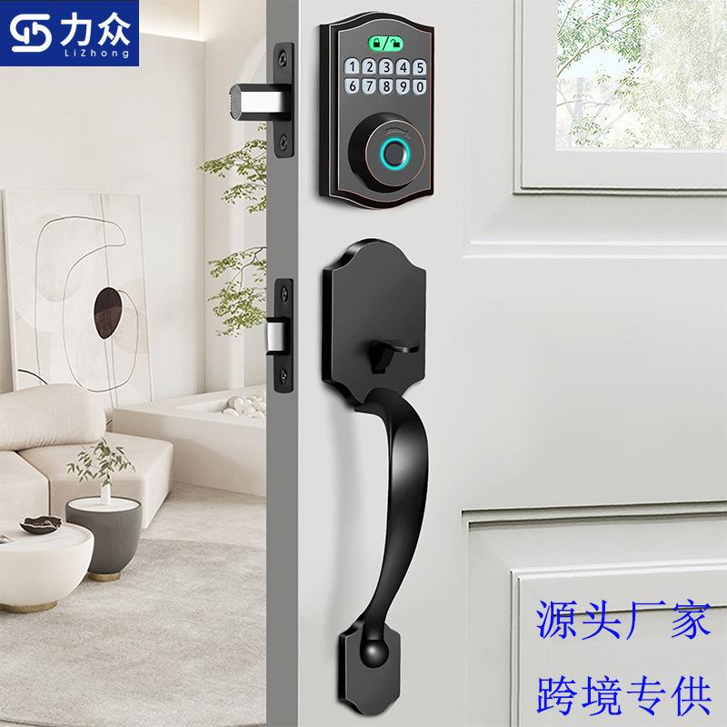 锌合金美式智能锁公寓密码锁指纹锁配大拉手木门锁机械呆锁防盗锁