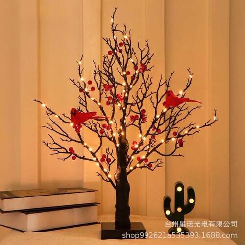 跨境圣诞红果红鸟缠绕树灯LED彩灯卧室氛围布置造型灯节日装饰灯