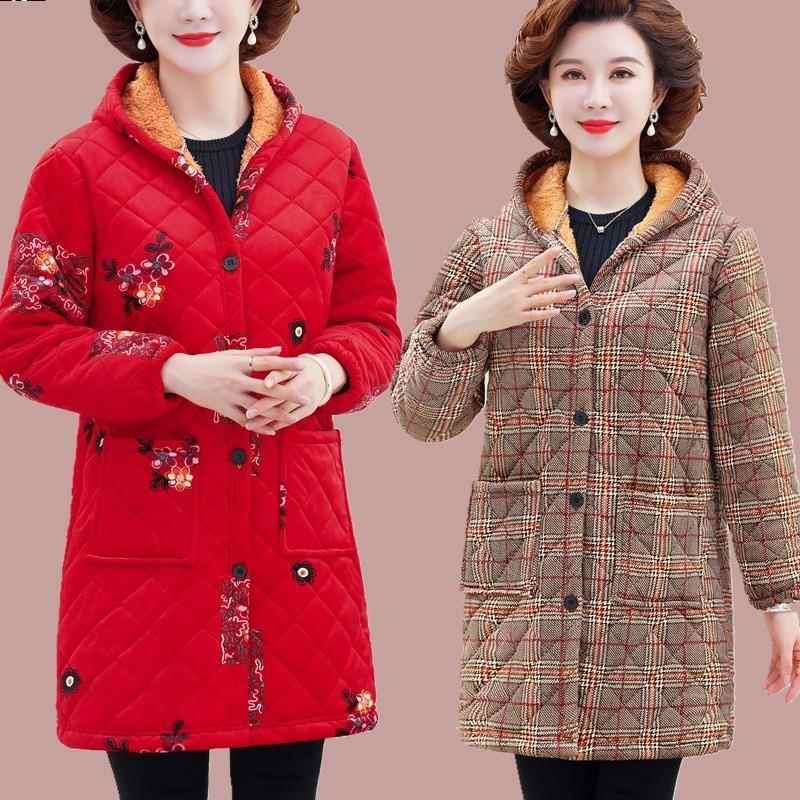 冬季中老年女棉衣宽松大码妈妈加绒加厚中长款棉服奶奶装棉袄罩衣