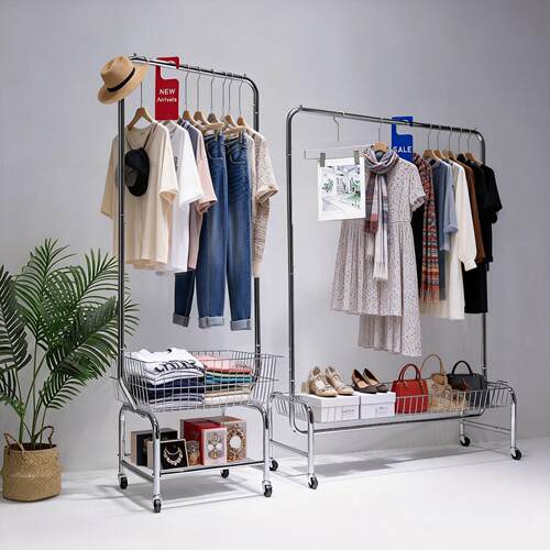 服装店展示架可移动带轮货架落地衣帽架带篮直播间陈列女装挂衣架
