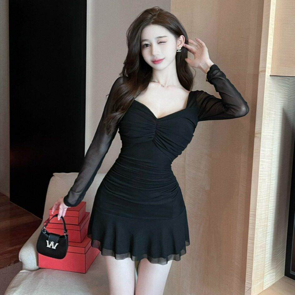辣妹性感深领低胸白色连衣裙春装长袖网纱打底裙名媛高级感夜场