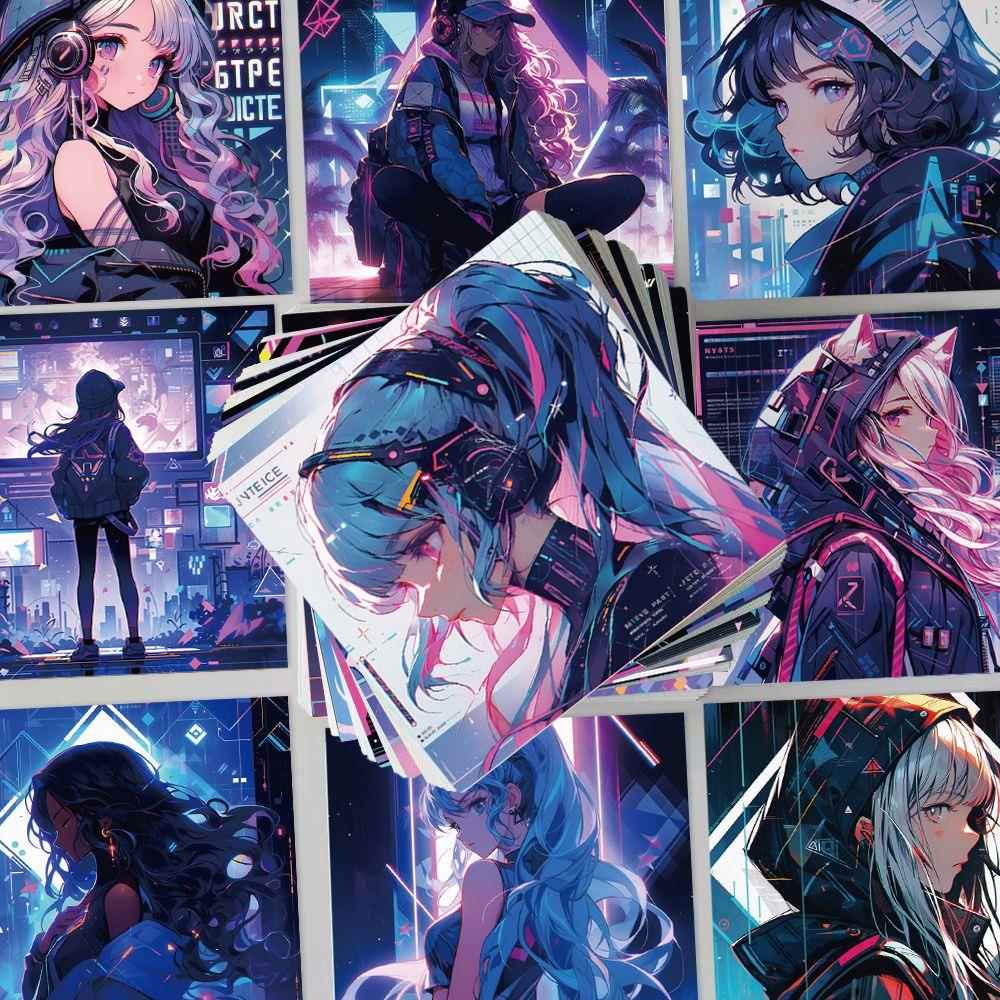 124赛博朋克女孩插画技术卡通女孩手机壳笔记本装饰防水贴纸