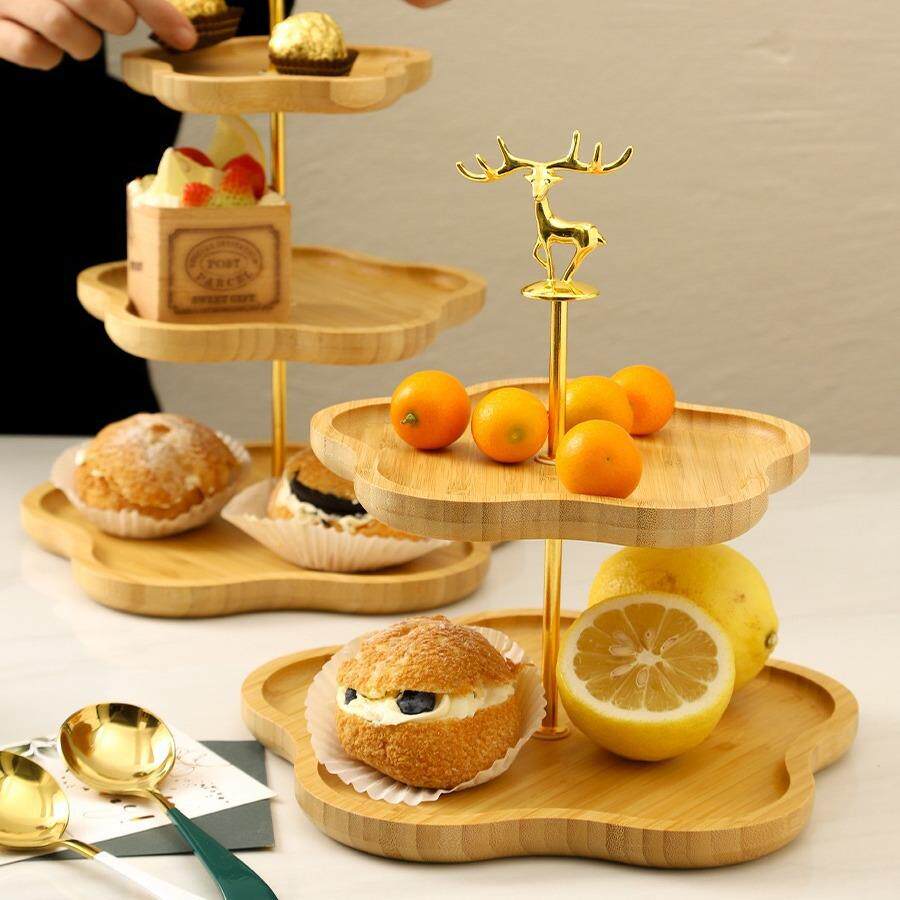 轻奢复古双层竹木串盘多层水果盘点心蛋糕盘甜品展示台客厅收纳盘