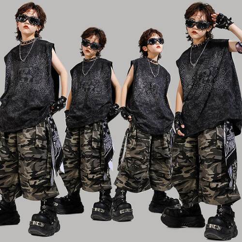 幼儿街舞潮服装痞帅男女孩烫钻无袖背心五分裤hiphop童装潮酷演出