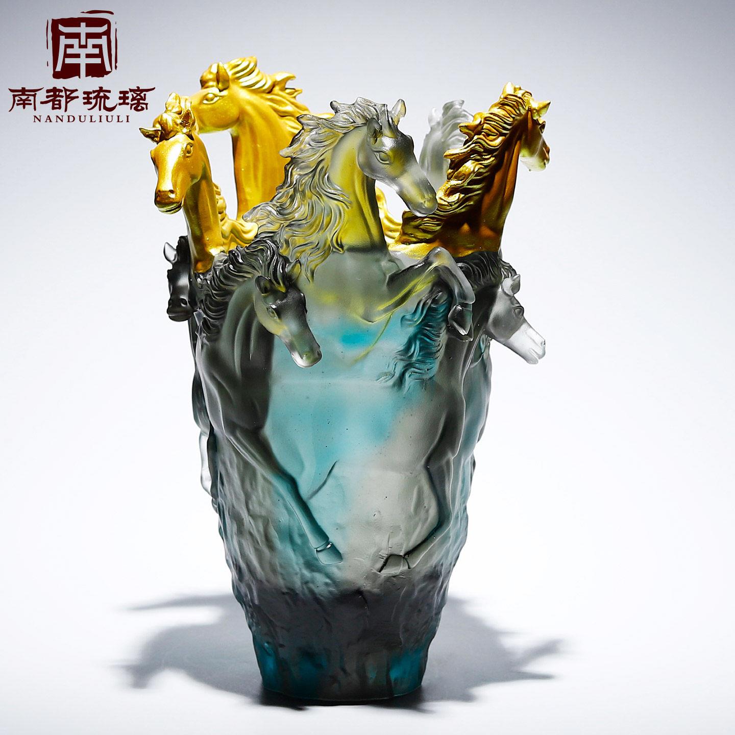 琉璃八骏马花瓶插花高级感装饰工艺品摆饰客厅高档搬新房乔迁礼物