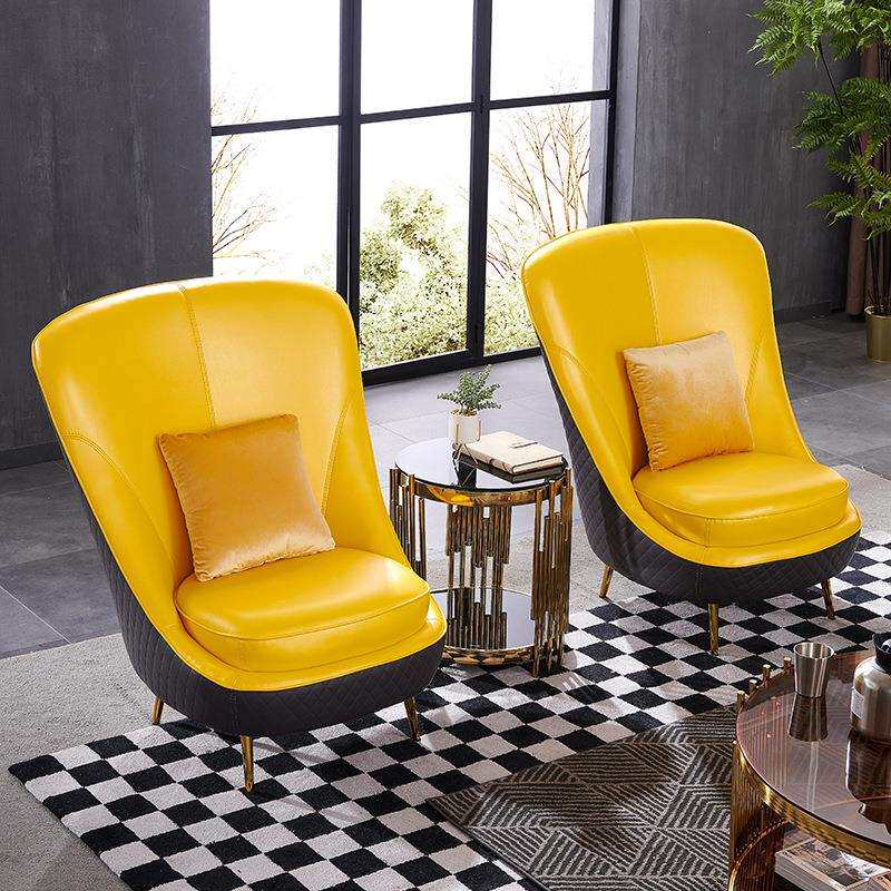 轻奢后现代单人位港式客厅皮艺沙发商务办公室会客高背椅茶几整装