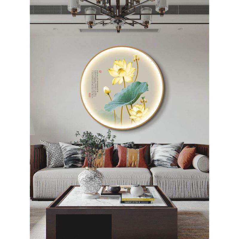 金色荷花带灯装饰画新中式圆形壁画餐厅茶室卧室走廊玄关莲花挂画