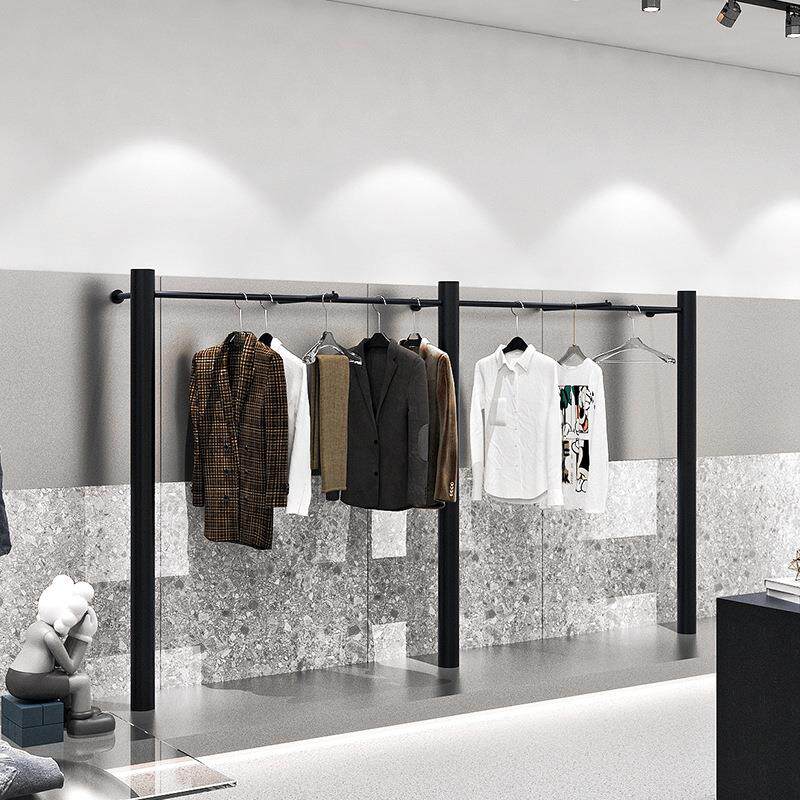 服装店展示架圆柱简约不锈钢黑色上墙挂衣架男女装店货架陈列架子
