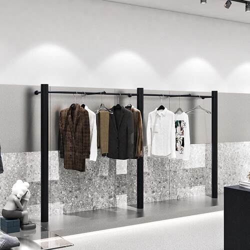 服装店展示架圆柱简约不锈钢黑色上墙挂衣架男女装店货架陈列架子