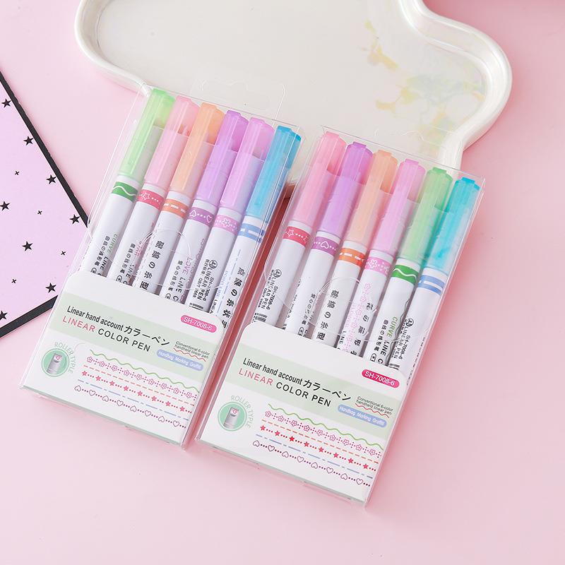 创意6色手账花边笔波浪花型荧光笔diy轮廓曲线笔学生划标记笔