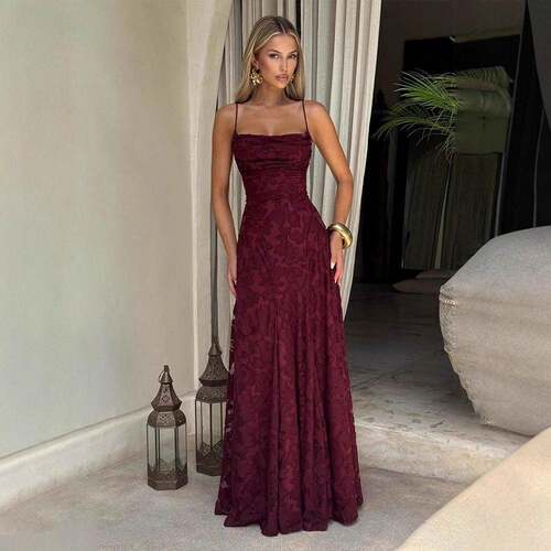 Sexy Backless Sleeveless Lace Pattern Dress Plain Fitted