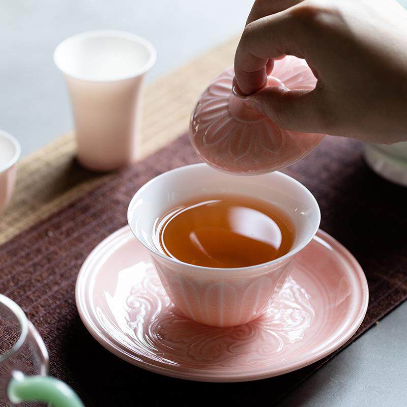 且来瓣莲粉色三才盖碗湖田陶瓷家用托盘果盘壶承泡茶碗功夫单个碗