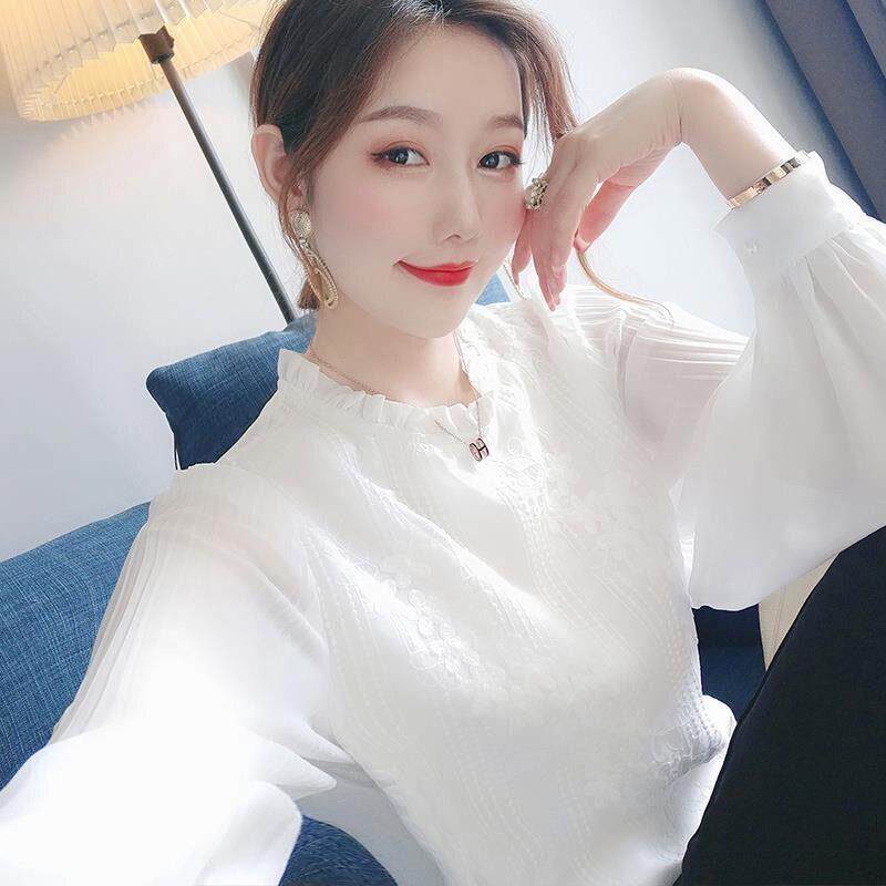 雪纺衫女春秋2025新款洋气宽松内搭立领衬衫女蕾丝打底衫长袖上衣