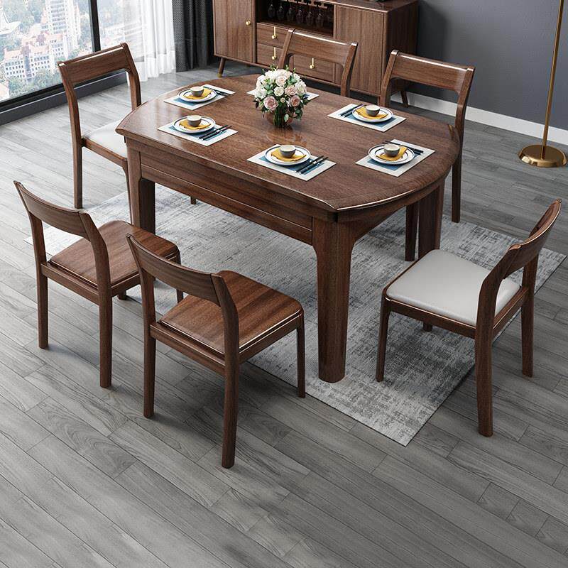 新中式实木餐桌椅组合家用饭厅小户型伸缩折叠饭桌圆形带转盘桌子