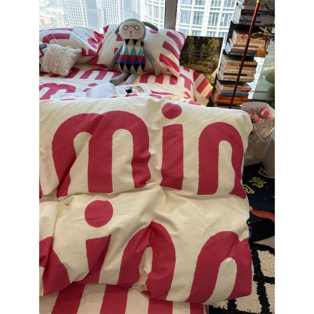 ins玫瑰红字母床四件套纯棉文艺1.5米1.8米被套床单少女心