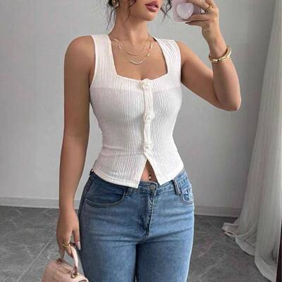 Women's Knitted Textured Hem Split Back Vest Fashion