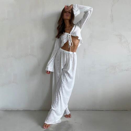 Lace up long sleeved long pants pajama set pajama home