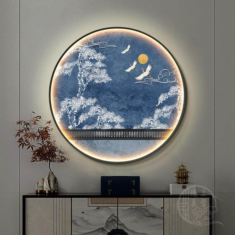 新中式圆形入户玄关装饰画LED发光画中国风客厅走廊过道茶室挂画
