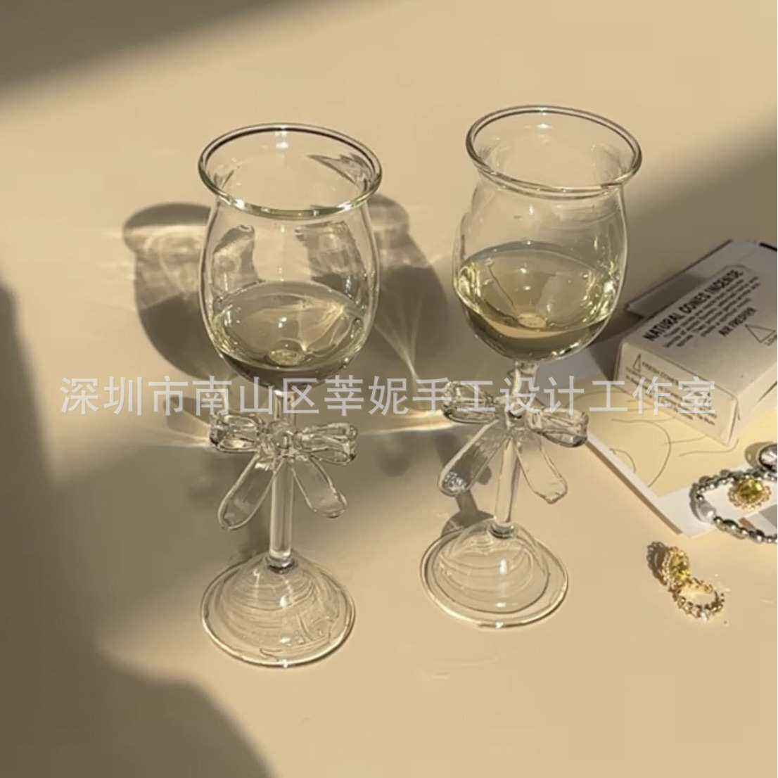 创意蝴蝶结香槟杯ins风韩式情侣玻璃高脚杯博主网红酒杯