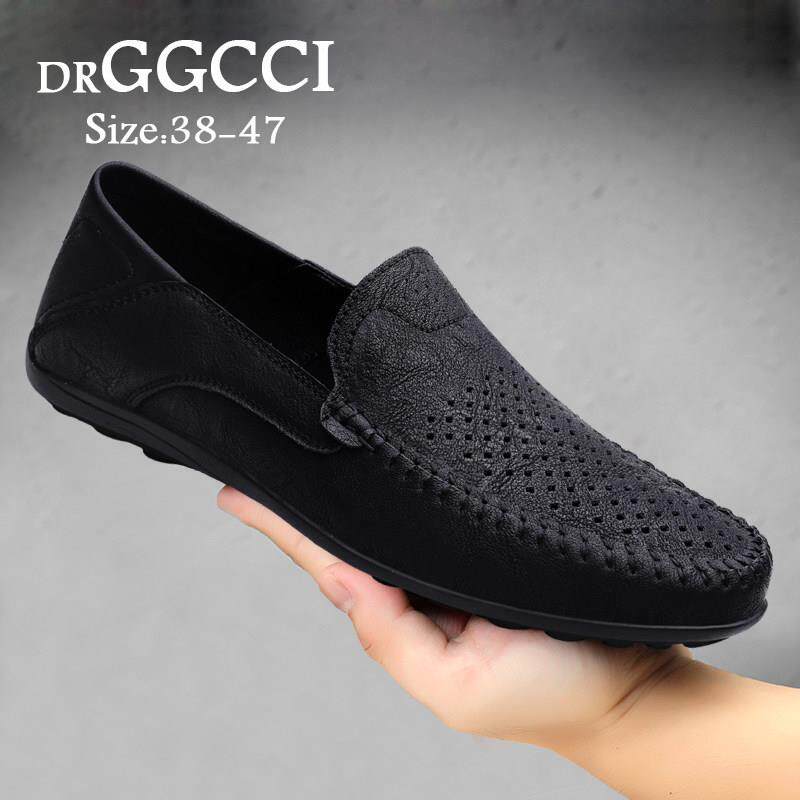 DRGGCCI豆豆鞋男真皮夏季大码英伦风高级感镂空透气洞洞商务休闲