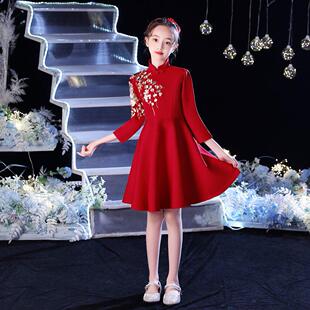 女童中国风合唱团演出服红色改良唐装红歌比赛古筝朗诵表演服学生