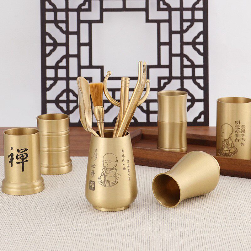 铜茶道六君子套装香道瓶小花瓶纯黄铜六6君子收纳筒茶具配件