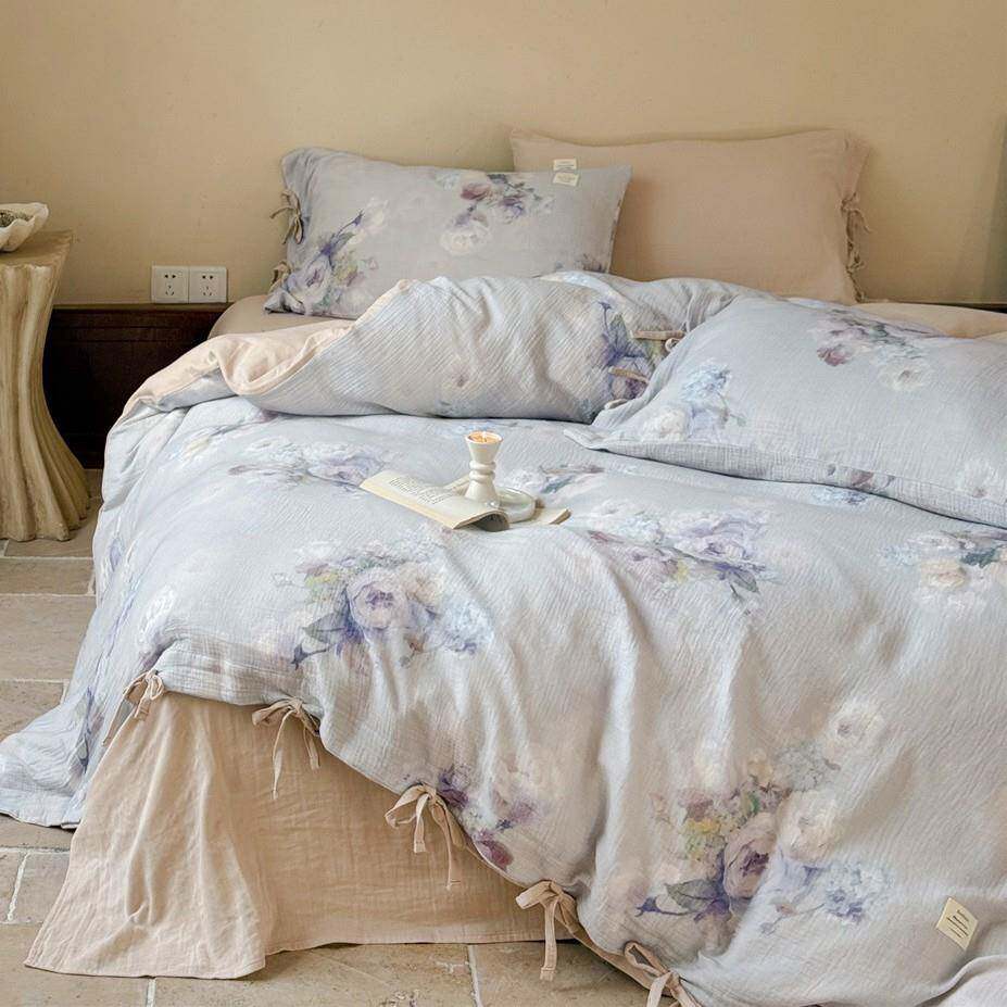 法式风全棉皱皱双层纱四件套复古花卉印花系带款纱布被套四季通用