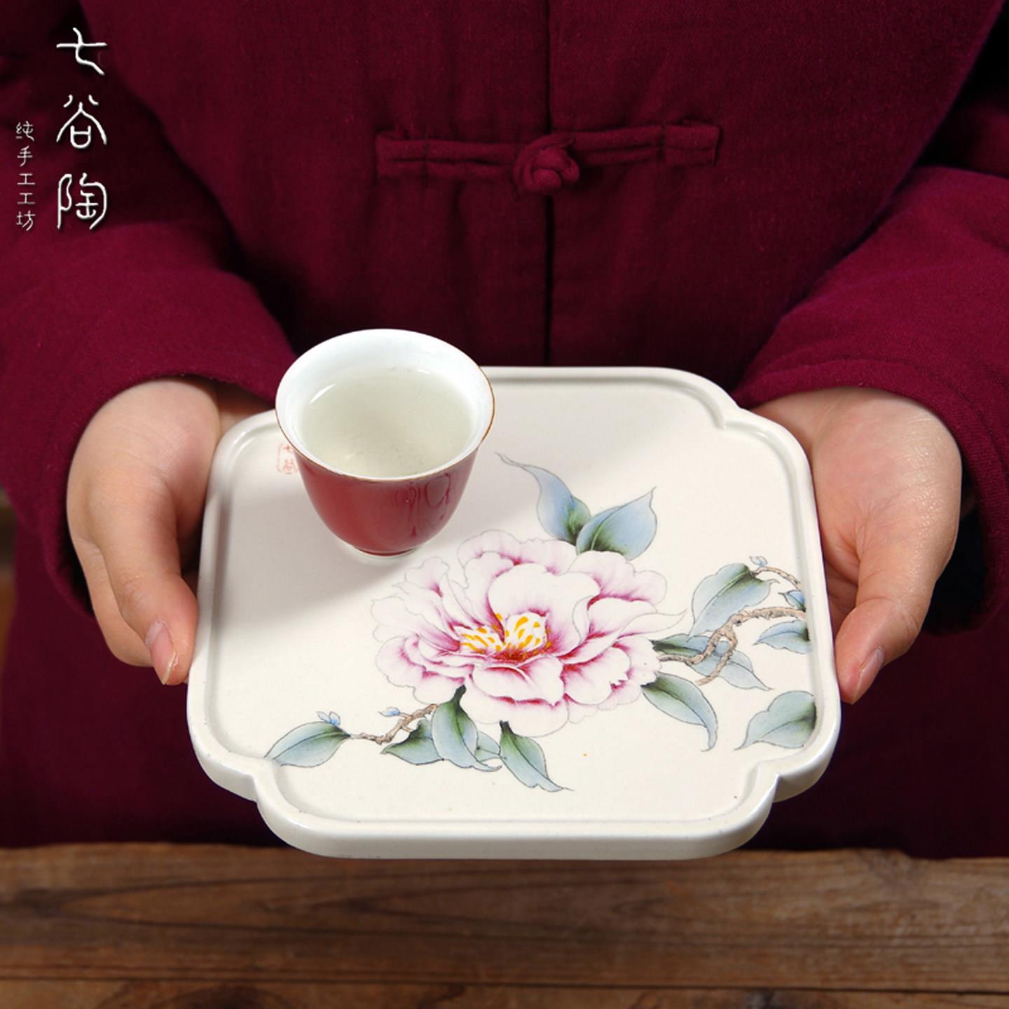 景德镇纯手绘壶承养壶托干泡茶盘陶瓷壶垫杯垫杯托方形干泡台功夫