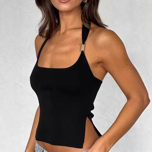 Fashionable Backless Halter Top with Metal Buckle Detail