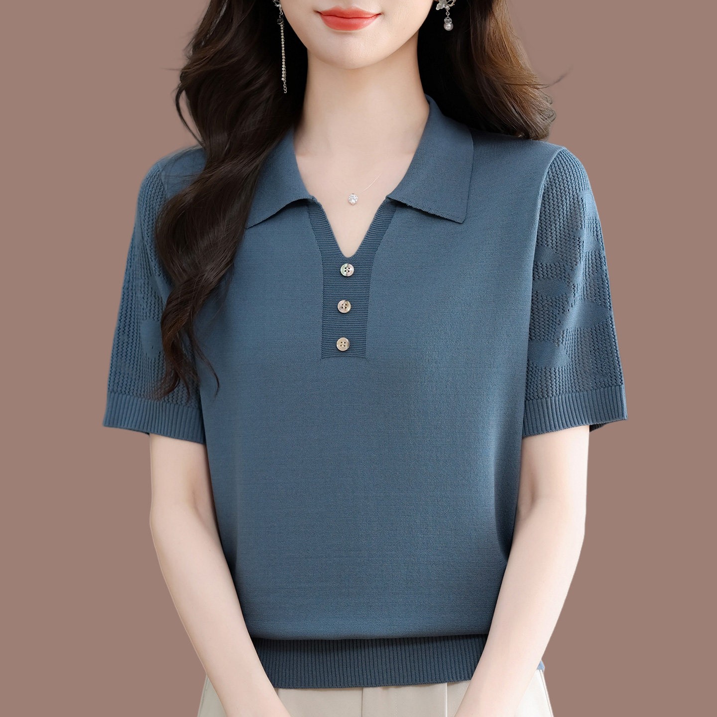 妈妈装桑蚕丝短袖t恤女夏季新款时尚气质翻领减龄上衣薄款针织衫