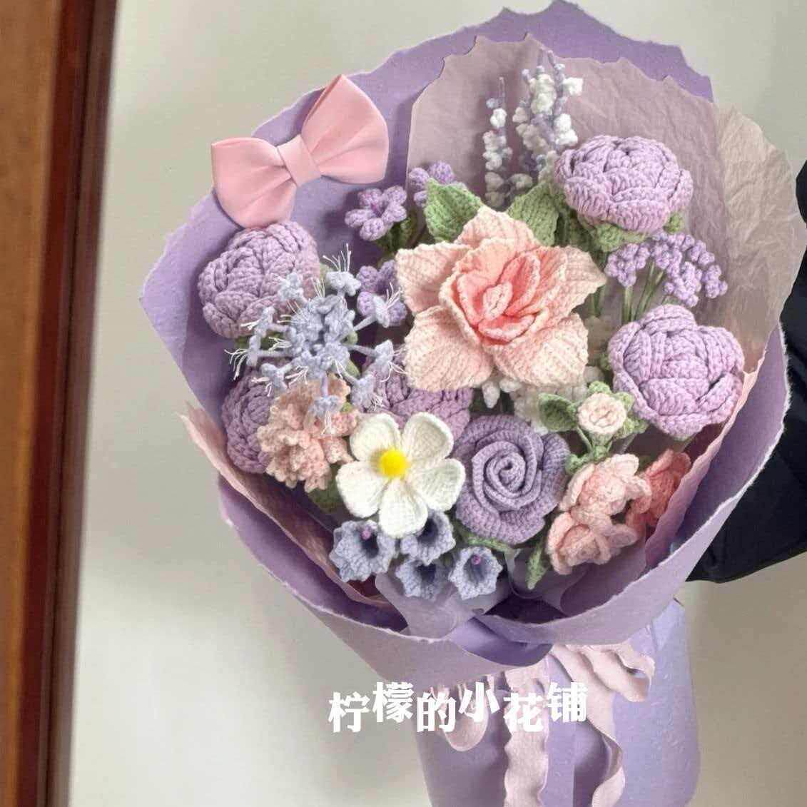 毛线编织手工花束成品送人玫瑰向日葵插花客厅摆件订婚仿真蓝粉色