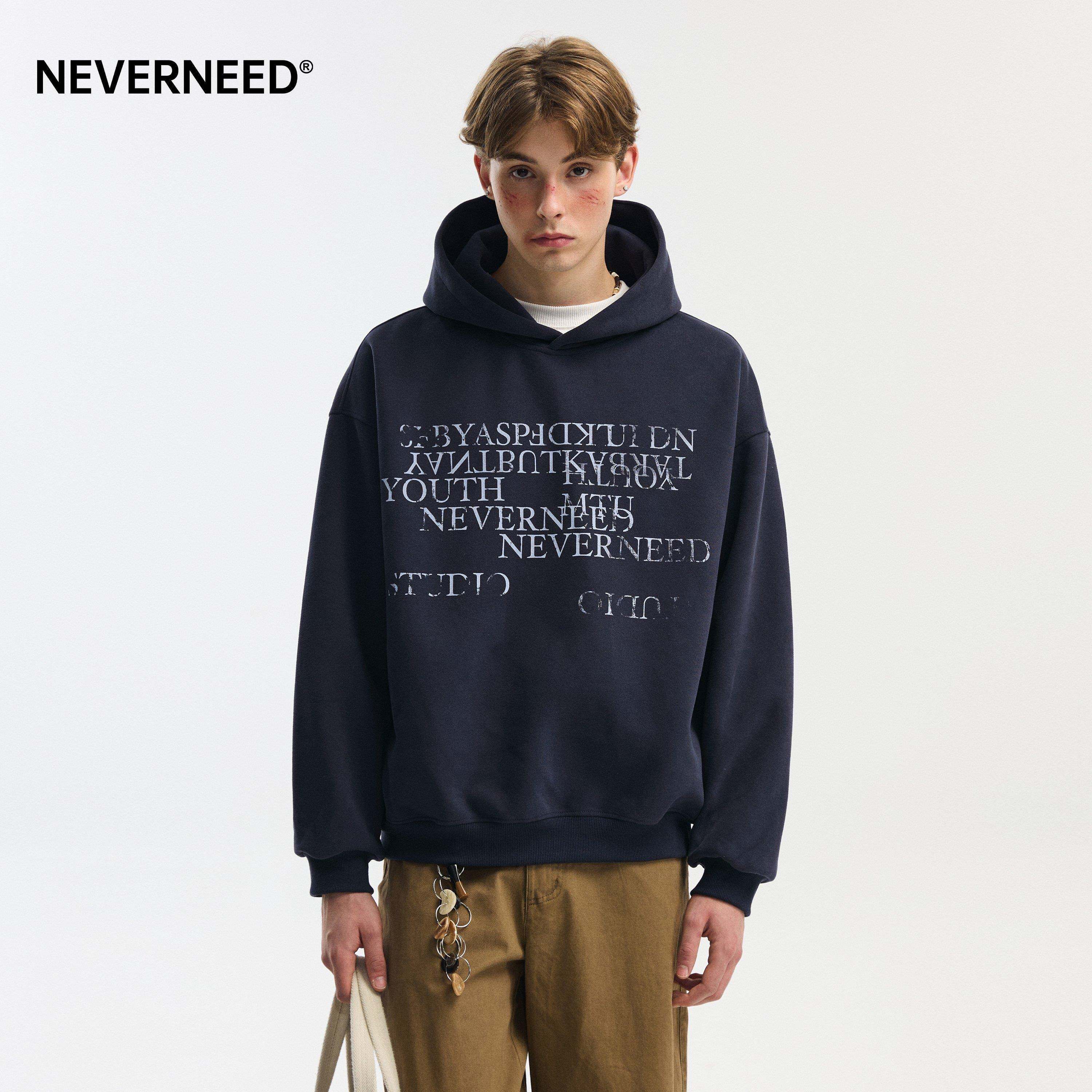 NEVERNEED重磅字母印花短款连帽卫衣男女春秋季美式情侣套头上衣