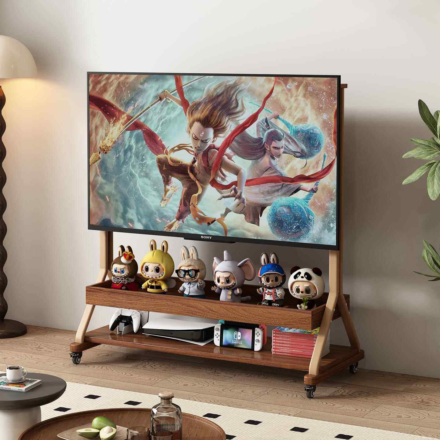 实木可移动电视机柜客厅家用2025新款小户型落地储物带轮电视支架