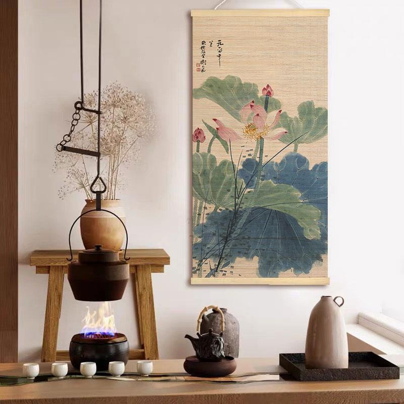 中式复古荷花装饰画芯无框书房茶室艺术花卉挂画替换芯墙贴图片