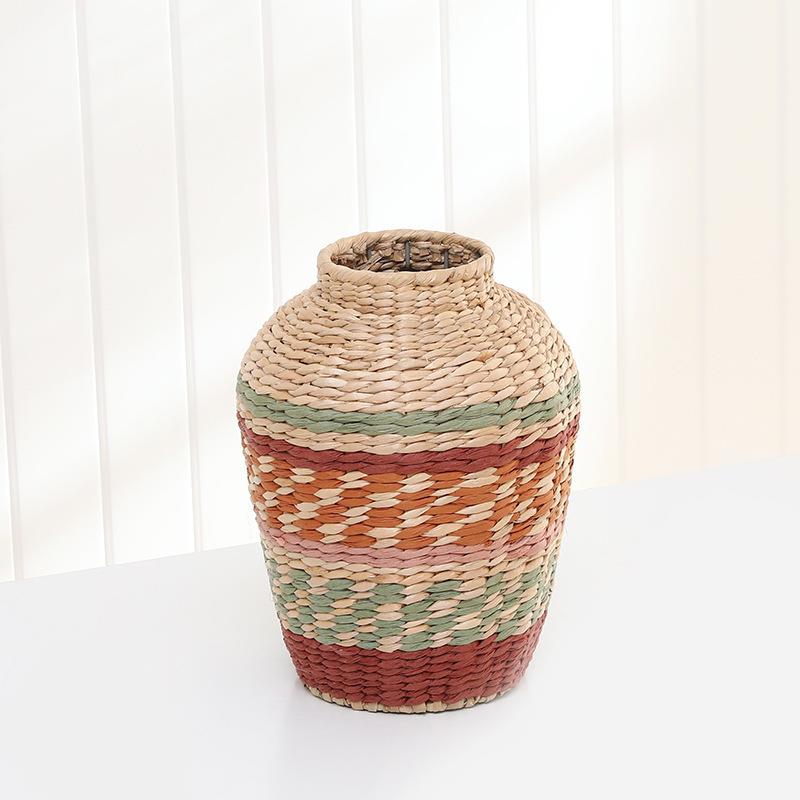 厂家手工草编花瓶家居桌面复古装饰小口花瓶仿真摆件编织插干花篮