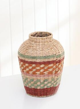 厂家手工草编花瓶家居桌面复古装饰小口花瓶仿真摆件编织插干花篮