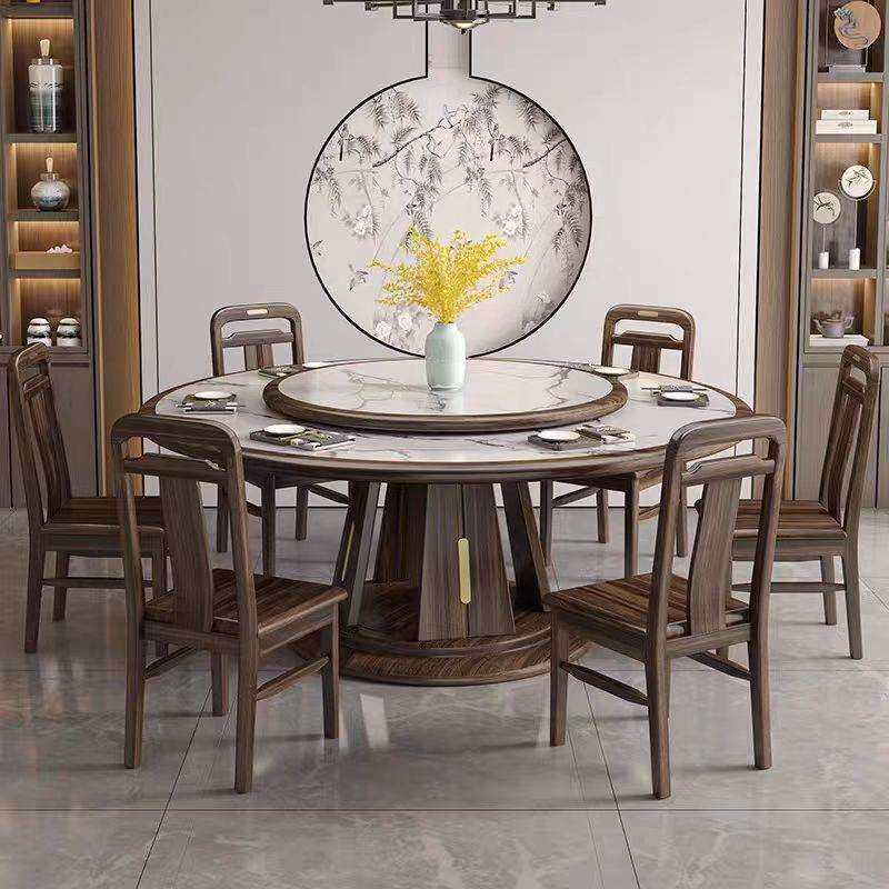 新中式实木餐桌椅组合家用客厅1.6M岩板餐桌十二人位2M实木大圆桌