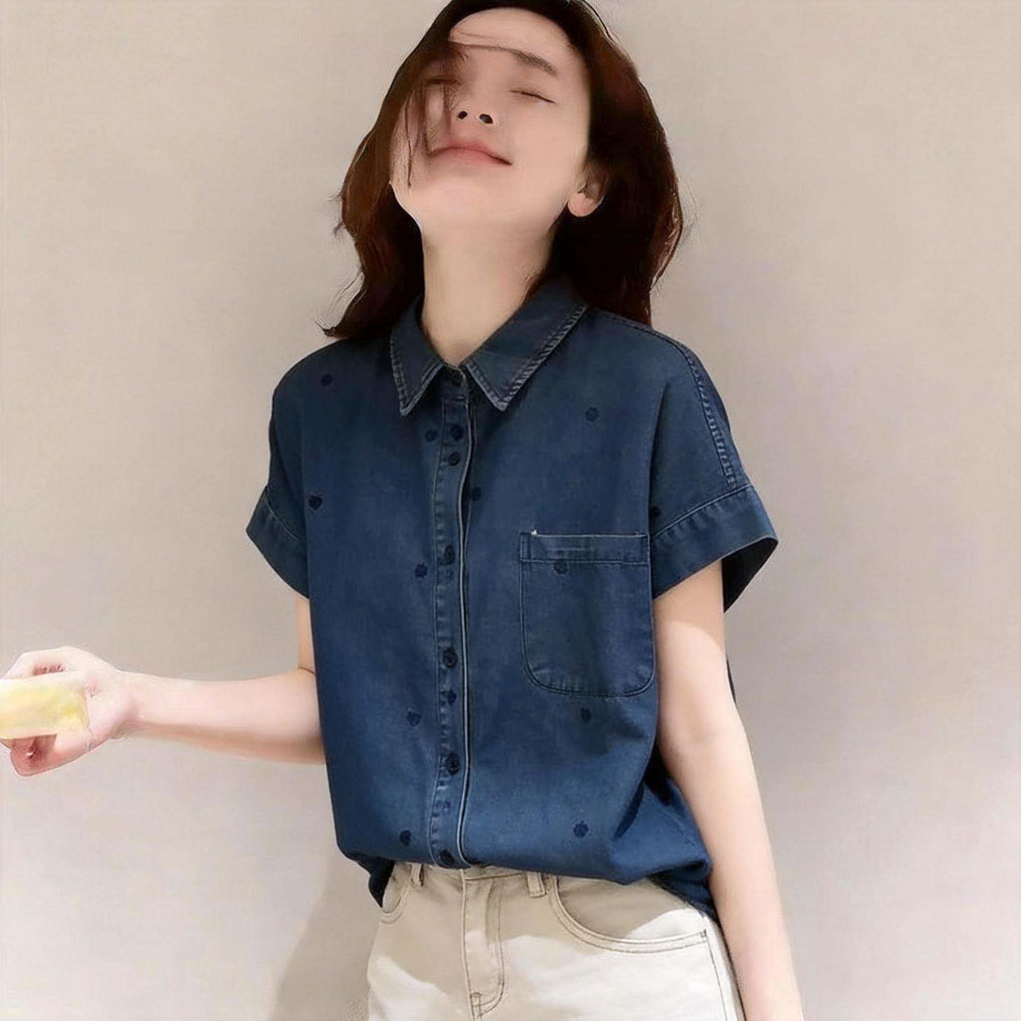 韩版蓝色牛仔短袖衬衫女夏季新款文艺休闲风宽松百搭全棉短上衣潮