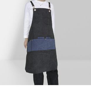 宵定1 口袋咖色拼色围裙烧烤夜花艺艺磨实 2制log园o帆布耐气眼款