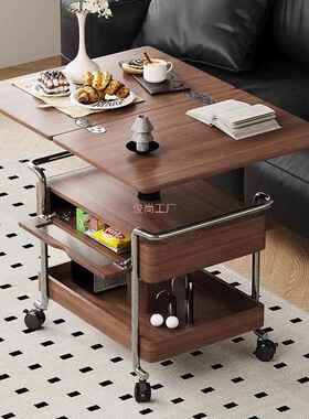 实木家中古风轮小推车古客厅用移动折叠BDM复古带茶几小户型升降