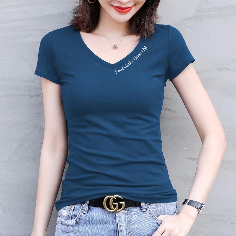 显瘦黑色V领短袖T恤女纯棉2026年夏季新款时尚百搭修身打底上衣女