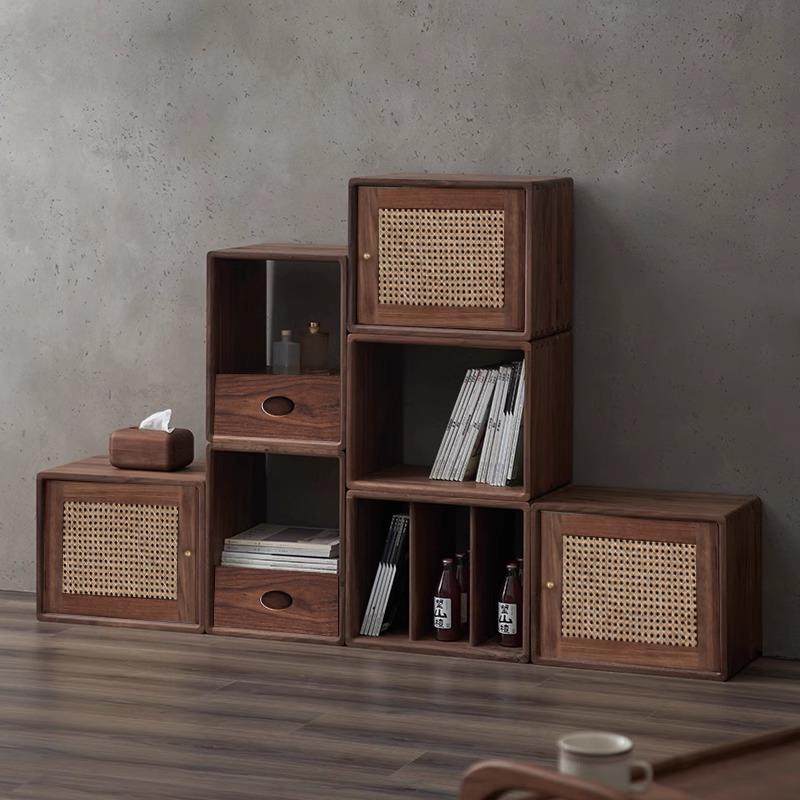 黑胡桃色实木自由组合格子柜藤编柜收纳柜飘窗原木电视矮柜小书柜