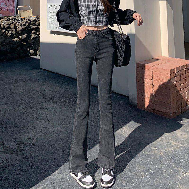 烟灰色高腰牛仔裤女2025年春秋新款紧身小众修身显瘦微喇叭拖地裤