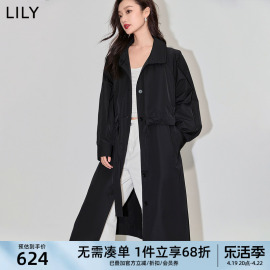 lily2024春女装复古气质通勤款，时尚腰带黑色，垂感长款风衣外套