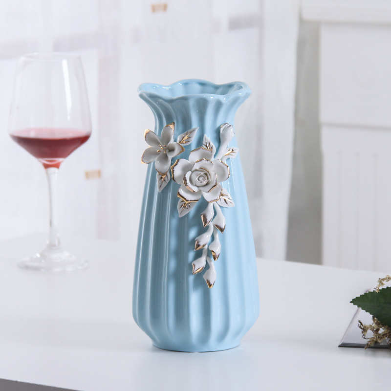 餐桌北欧花瓶装工艺品样板房陶瓷器酒店描金装饰品软插花摆件ins