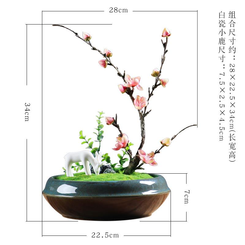 仿真梅花盆景摆件中式客厅博古架书柜办公桌陶瓷鹿工艺品禅意摆设