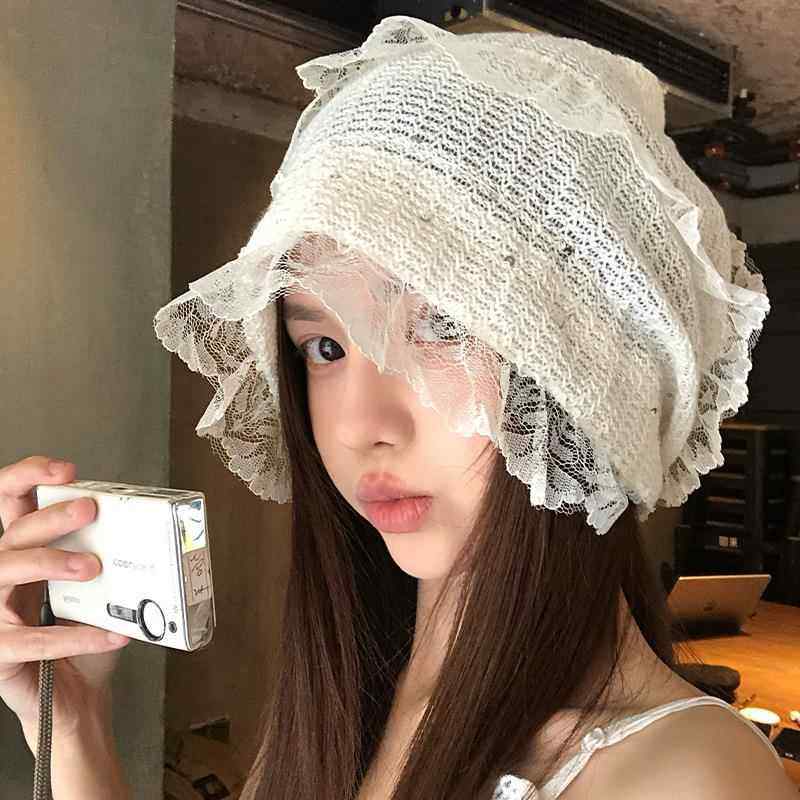 韩系蕾丝镂空包头帽女春夏季可爱百搭白色透气薄款大头围套头帽子
